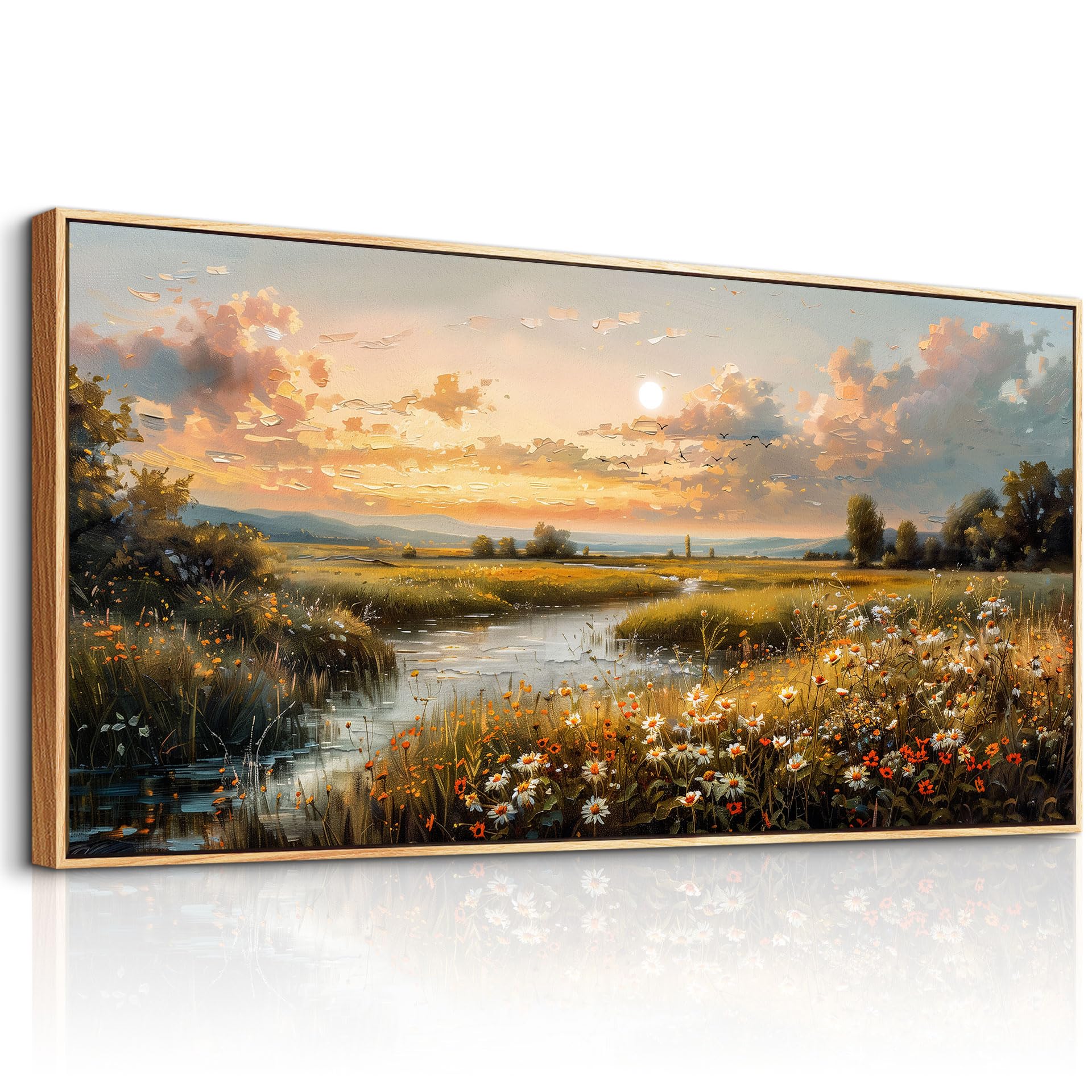 Sunset Landscape Canvas Wall Art – Large Wood Framed Print, Ready to Hang (48"×24")