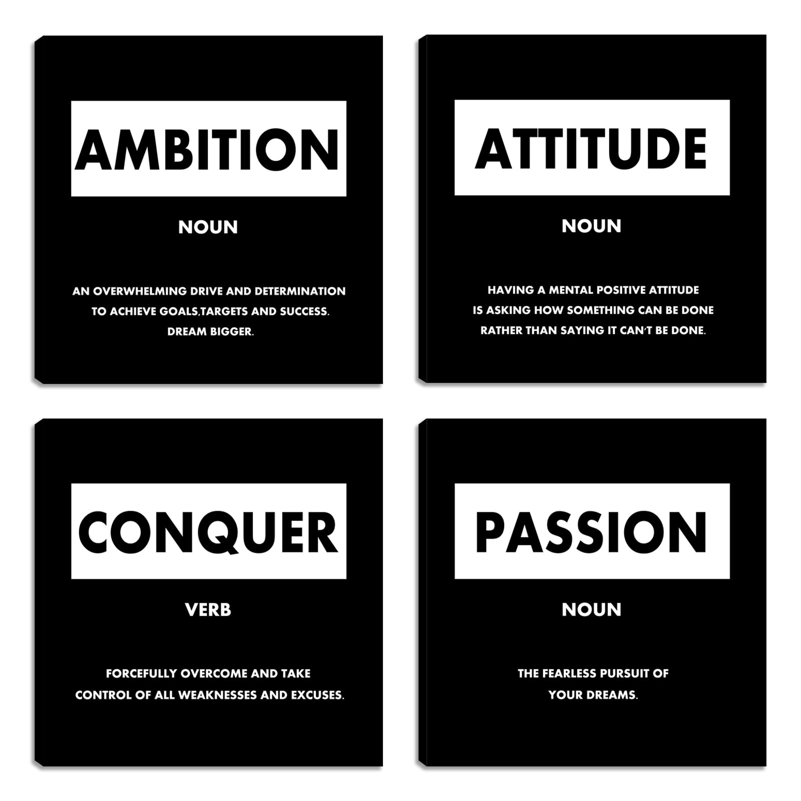 Motivational Canvas Wall Art – Black Inspirational Prints, Framed & Ready to Hang (12"×12", 4-Panel Set)