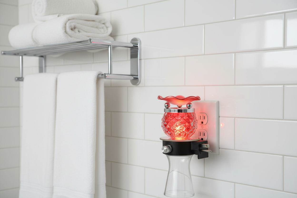 Red pineapple wall plug-in oil warmer plugged into bathroom wall outlet glowing red