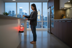 East Asian woman pouring fragrance oil into red mosaic wall plug-in warmer plugged into kitchen wall - modern urban kitchen