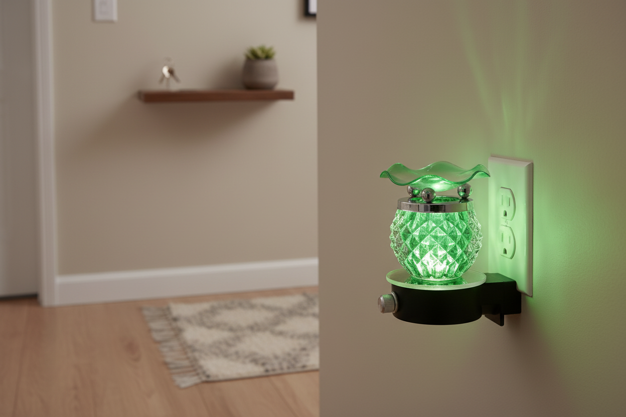 Green pineapple wall plug-in oil warmer plugged into hallway wall outlet glowing green