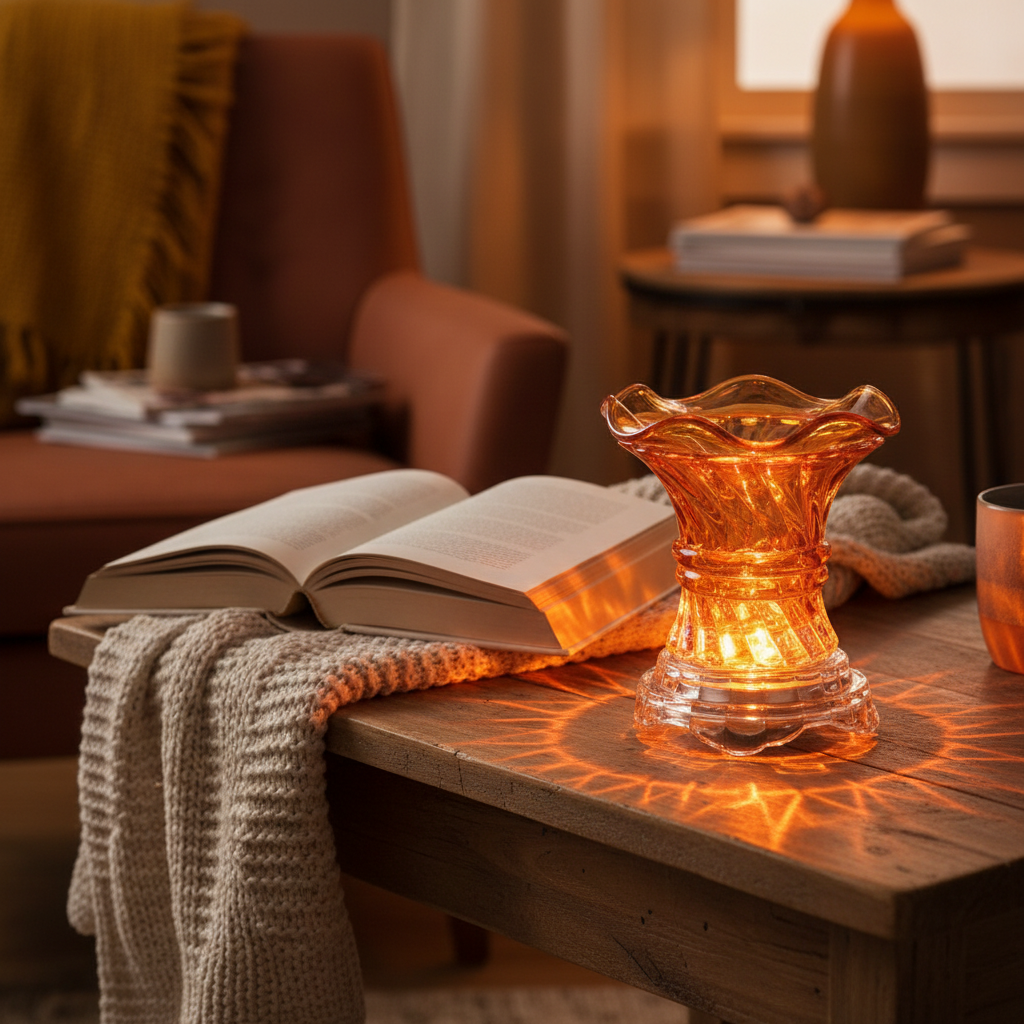Amber crystal swirl fragrance oil warmer in cozy autumn living room