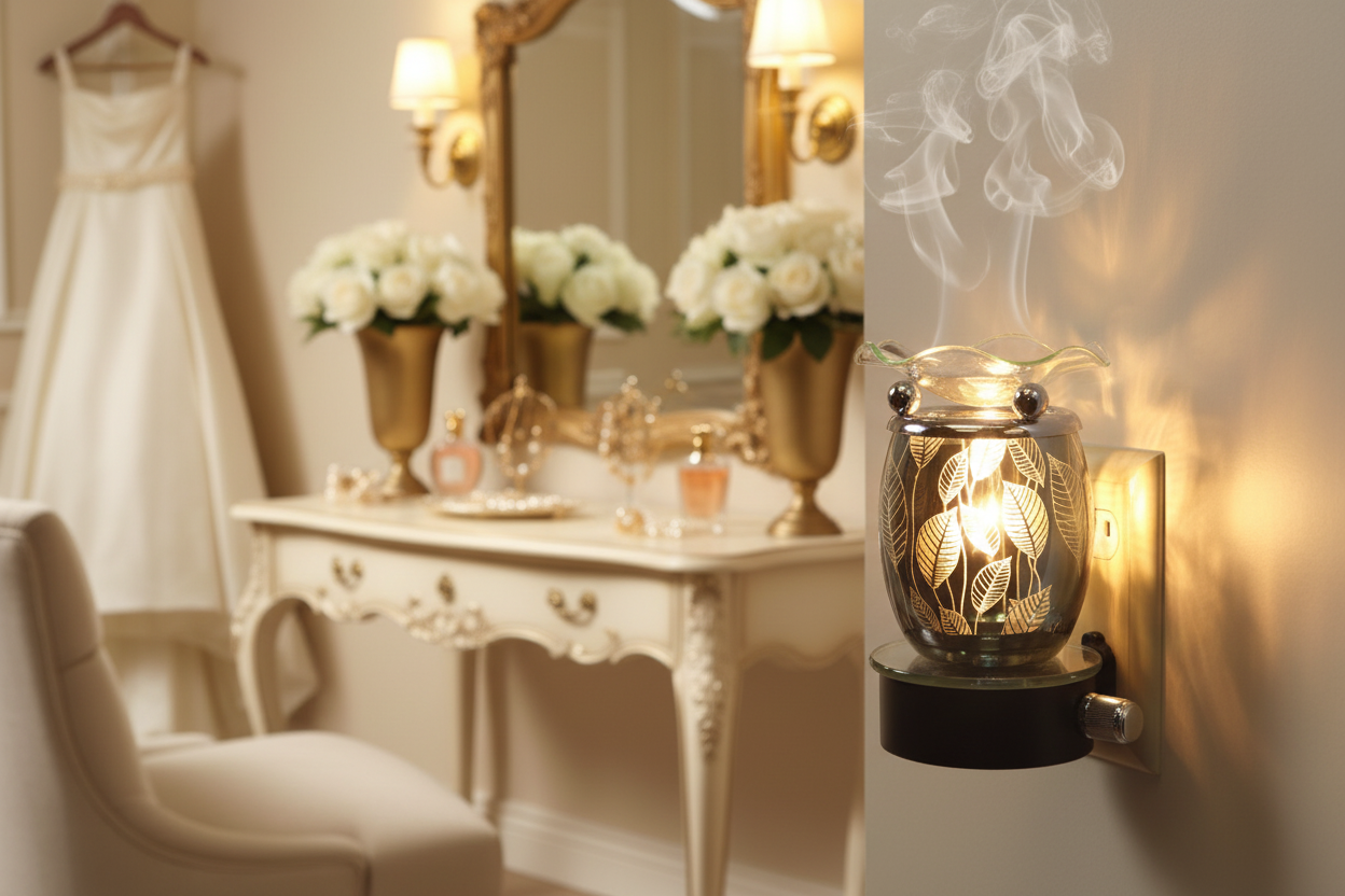 Silver leaf wall plug-in oil burner glowing in luxury bridal suite vanity room