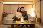 East Asian couple cozy living room scene with Gold Flower Glass Fragrance Oil Warmer