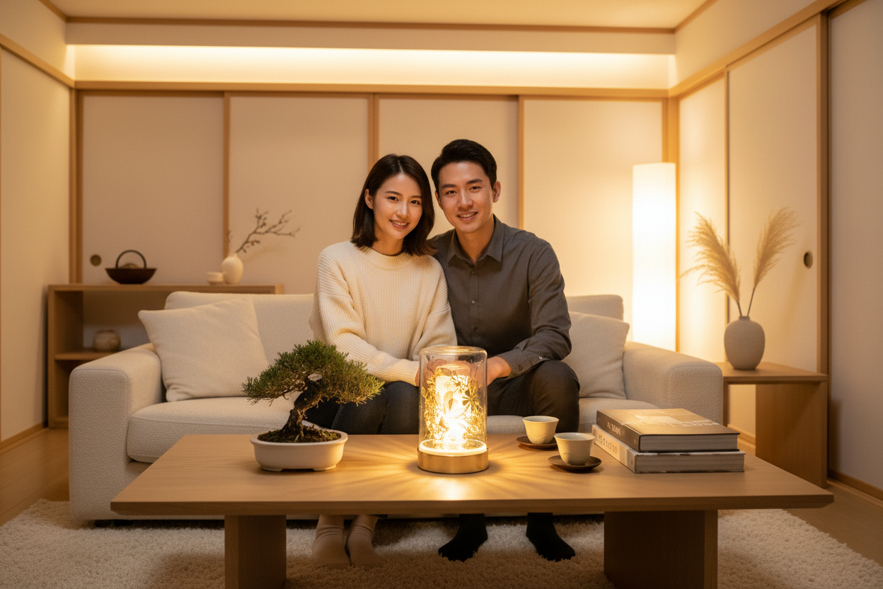 East Asian couple cozy living room scene with Gold Flower Glass Fragrance Oil Warmer