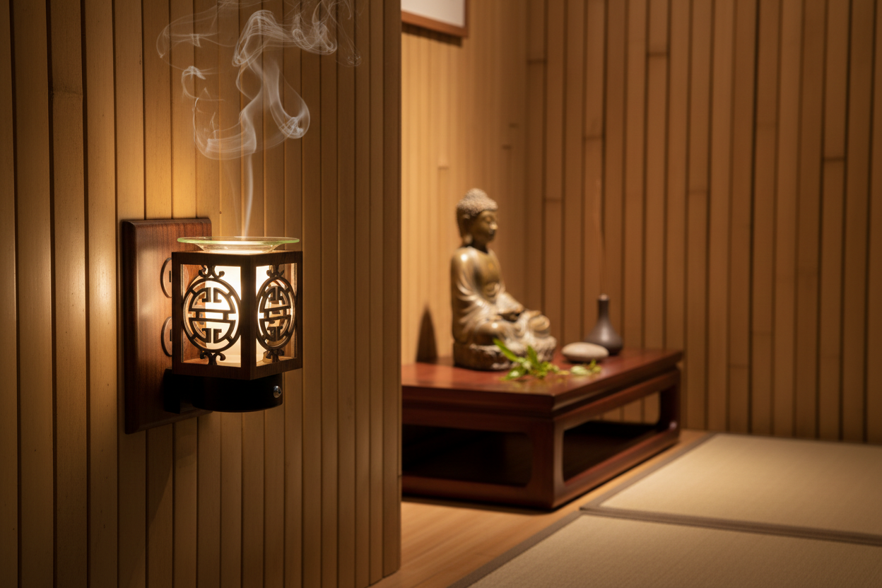 Antique round wood wall plug-in oil warmer in zen meditation room glowing soft white