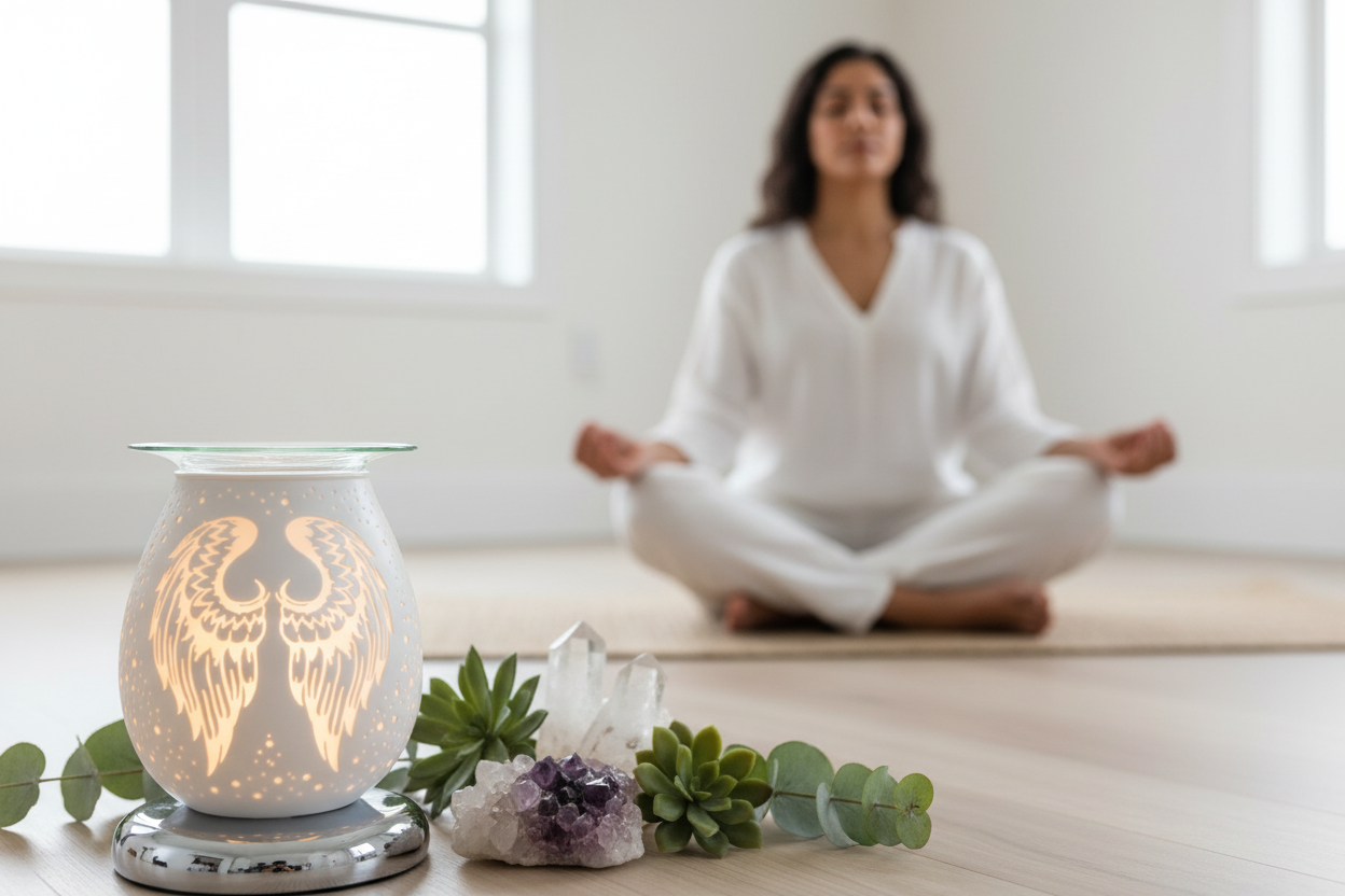 Woman meditating with two White Angel Wings oil burners in foreground