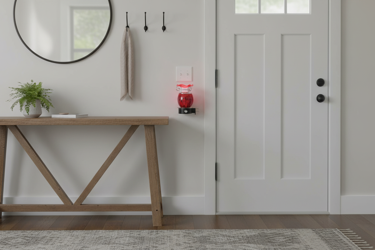 Red tie dye ball wall burner plugged into front door entryway wall outlet glowing red