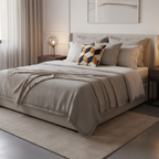Style 1 gold rhombus pillow on bedroom bed with neutral linen bedding