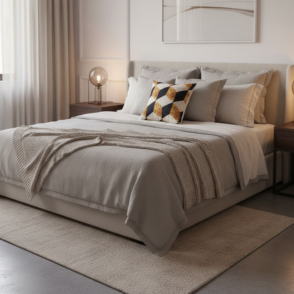 Style 1 gold rhombus pillow on bedroom bed with neutral linen bedding