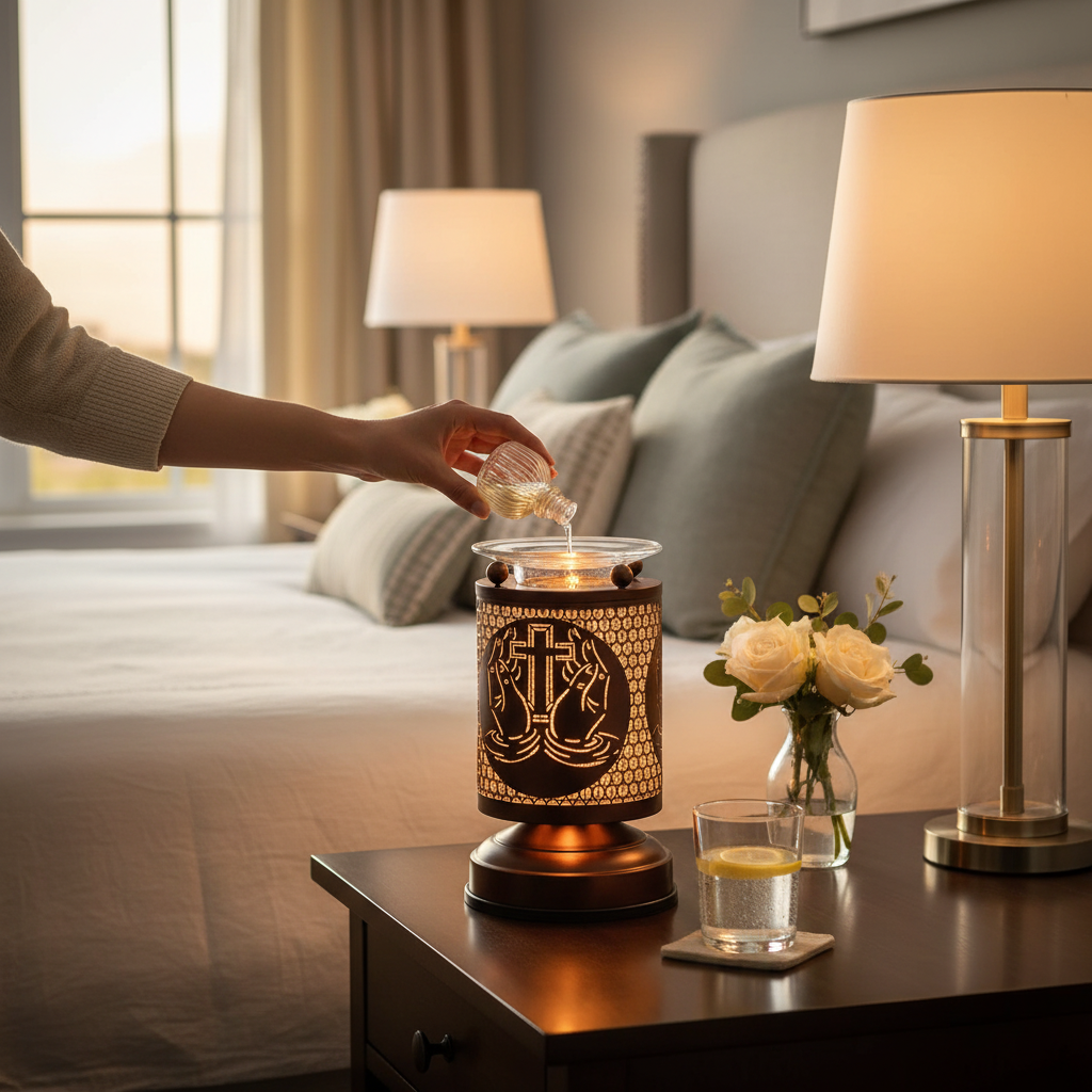 Bird of Paradise fragrance oil being poured into Praying Hands warmer on bedroom nightstand