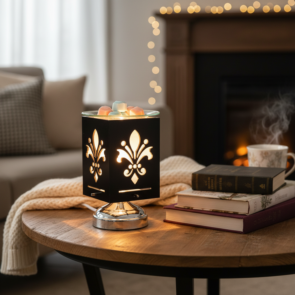 Fleur De Lis warmer on living room coffee table