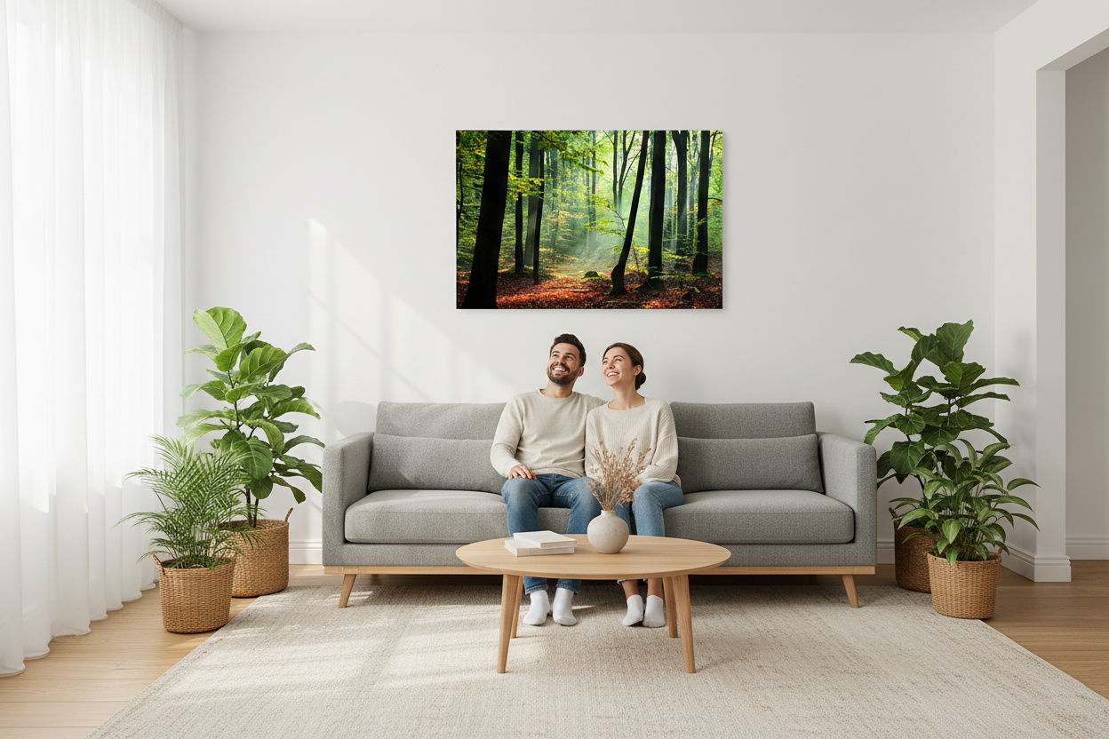 Nature forest mountain canvas wall art above sofa in Scandinavian living room with couple
