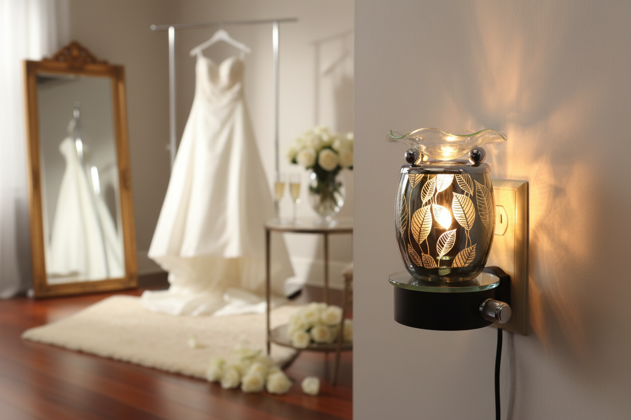 Silver leaf wall plug-in oil burner in bridal dressing room with wedding dress and roses