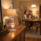 Crystal glass fragrance oil warmer glowing in dining room with couple
