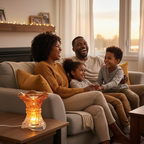 Amber crystal swirl fragrance oil warmer with Black family in cozy living room