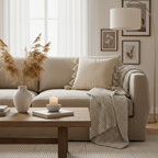 Beige velvet tassel pillow styled in complete Scandinavian living room setup
