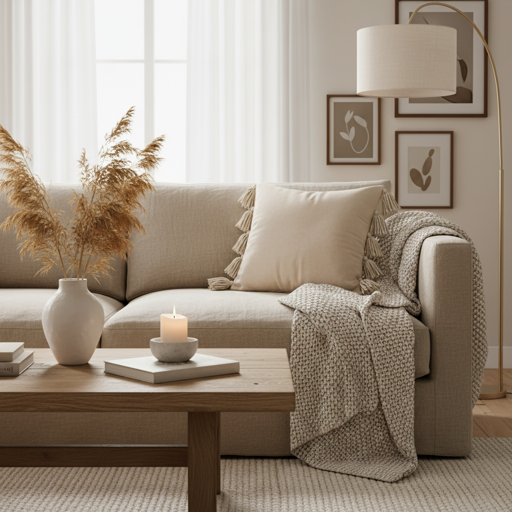 Beige velvet tassel pillow styled in complete Scandinavian living room setup