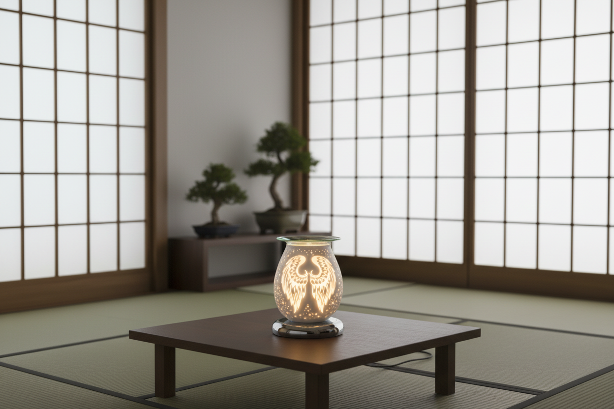Japanese zen living room with White Angel Wings Touch Fragrance Oil Burner glowing on low wooden table