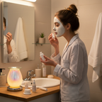 Young woman doing skincare routine with White Drizzles lamp glowing