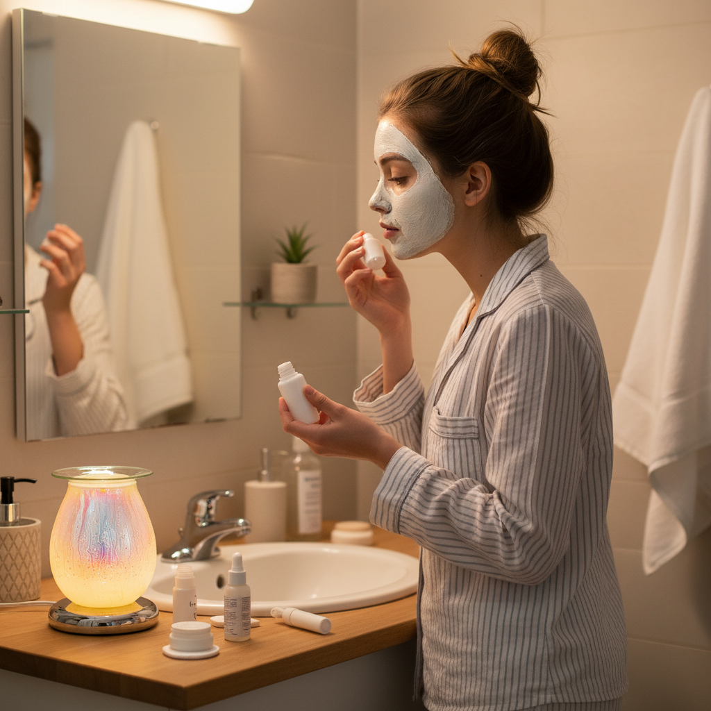 Young woman doing skincare routine with White Drizzles lamp glowing