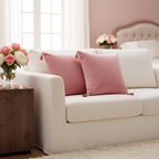 Girl pink velvet tassel pillow on white linen sofa in romantic bedroom