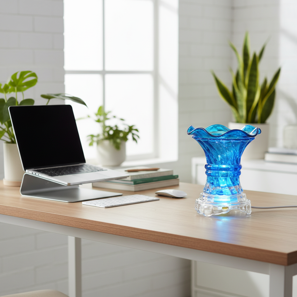 Blue crystal swirl fragrance oil warmer in modern home office