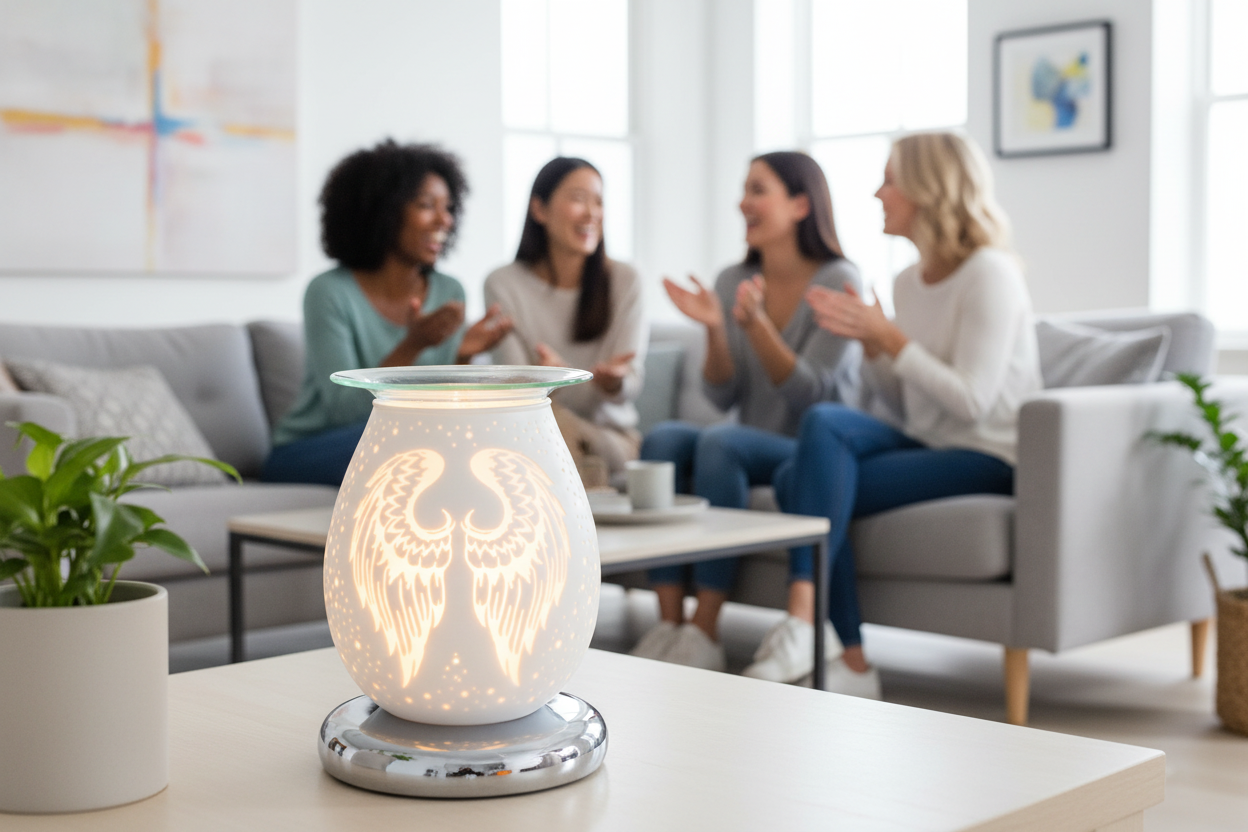 Multi-nationality women gathering with White Angel Wings oil burner in foreground