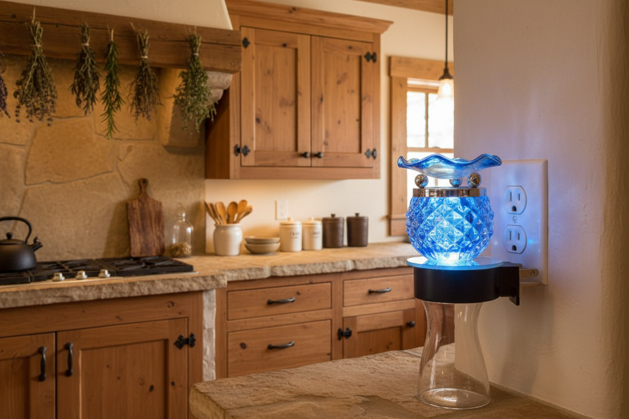 Blue pineapple wall plug-in oil warmer plugged into kitchen wall outlet glowing blue