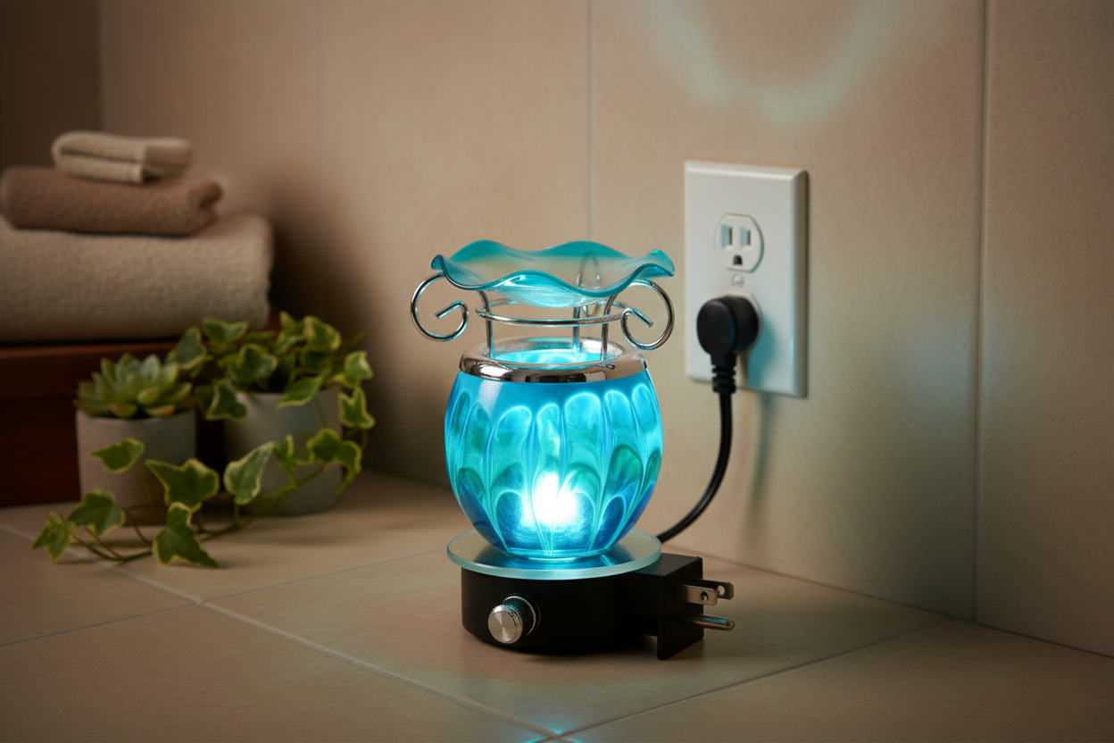 Blue tie dye ball wall burner plugged into bathroom wall outlet glowing blue
