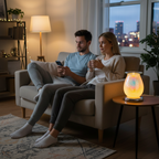 Couple relaxing on couch with White Drizzles lamp glowing on side table
