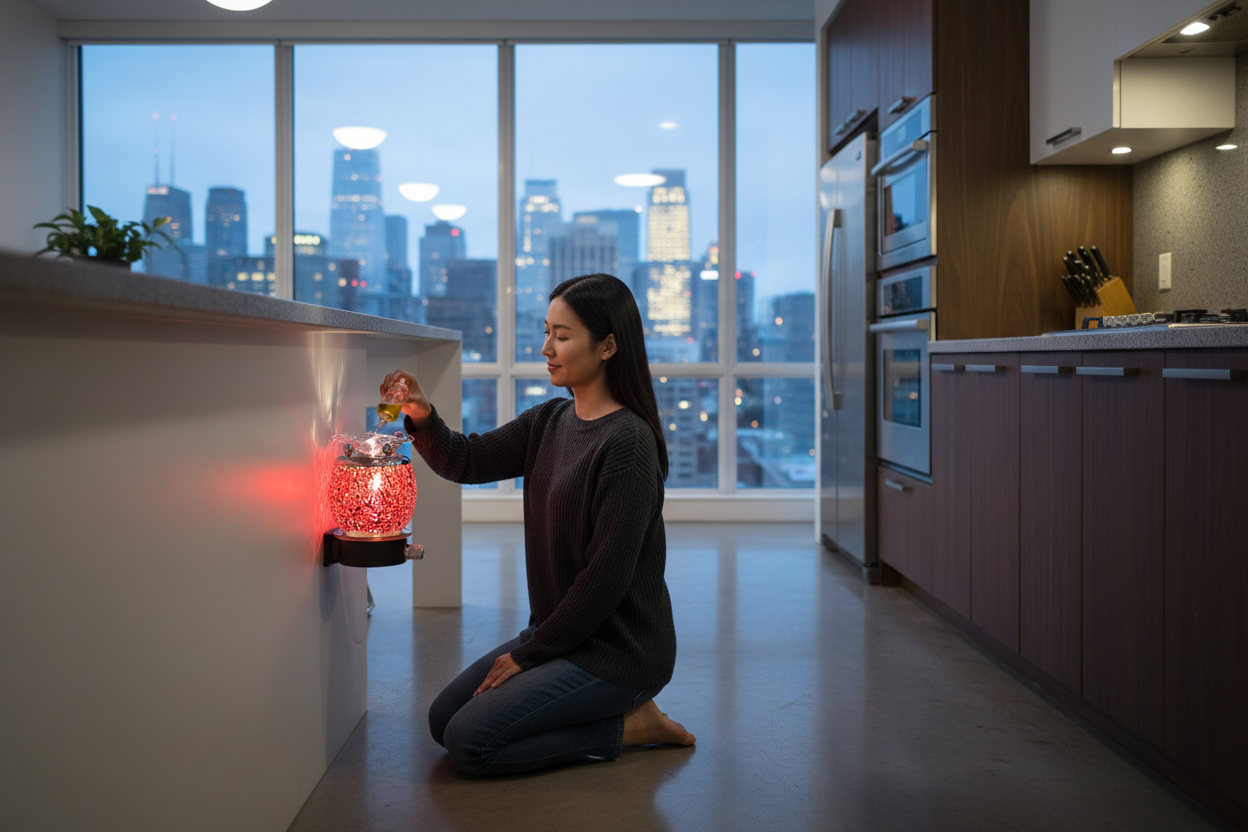 East Asian woman pouring fragrance oil into red mosaic wall plug-in warmer in a modern urban kitchen