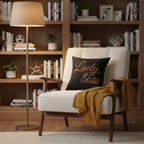 Style 2 gold letters pillow on reading nook accent chair